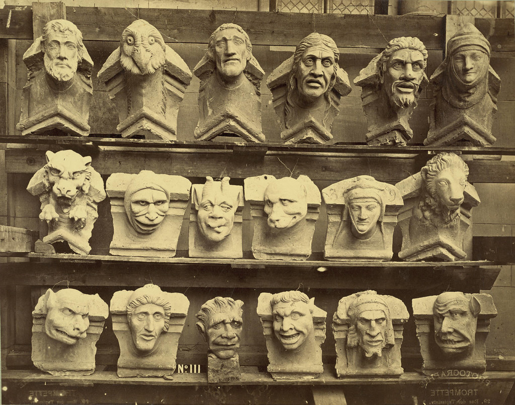 A wall of sculpted grotesques from France