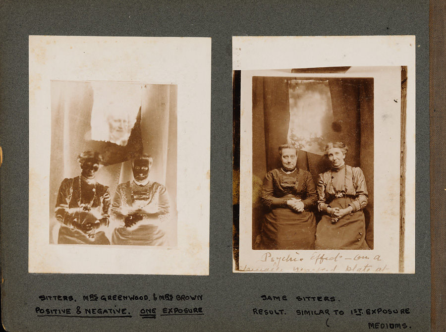 Two photographs of women, side by side in a photo album. There is a ghostly face behind the women in each image