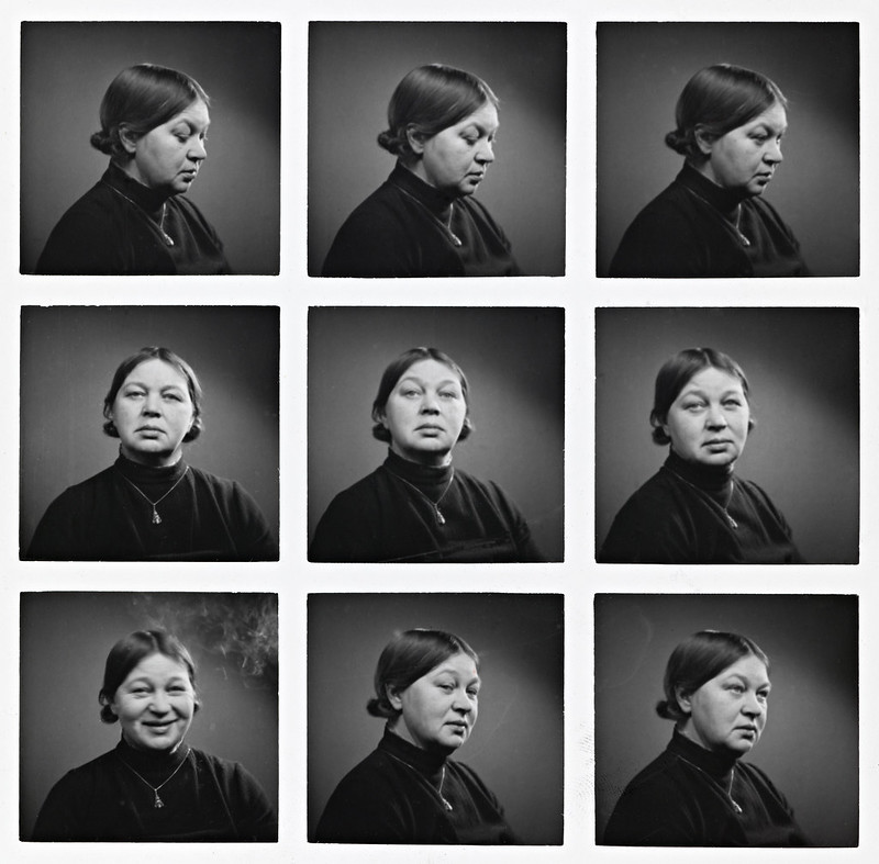 composite photograph of a woman with nine different facial expressions. She is wearing a black turtleneck